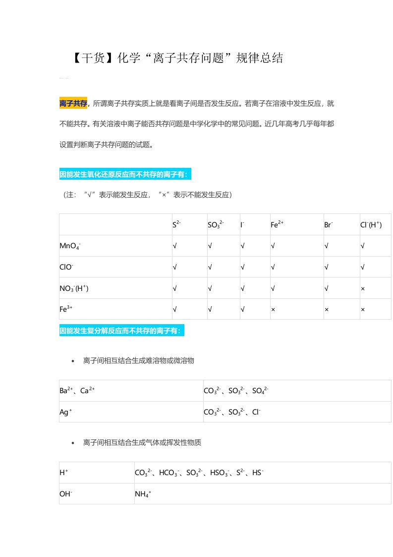 化学“离子共存问题”规律总结