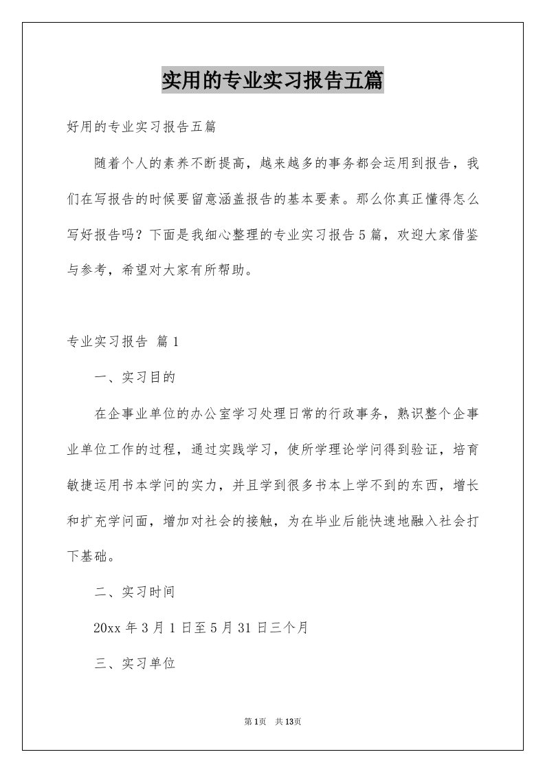 实用的专业实习报告五篇范本