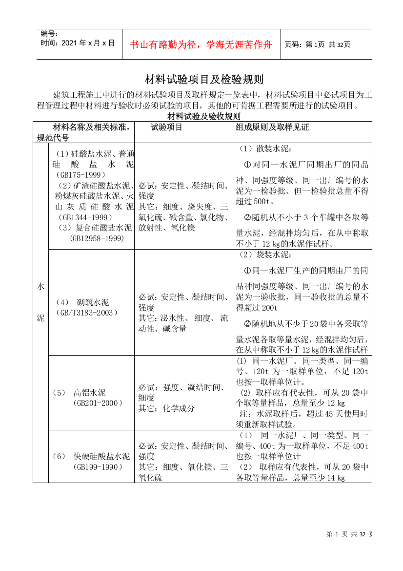 材料试验项目及检验规则