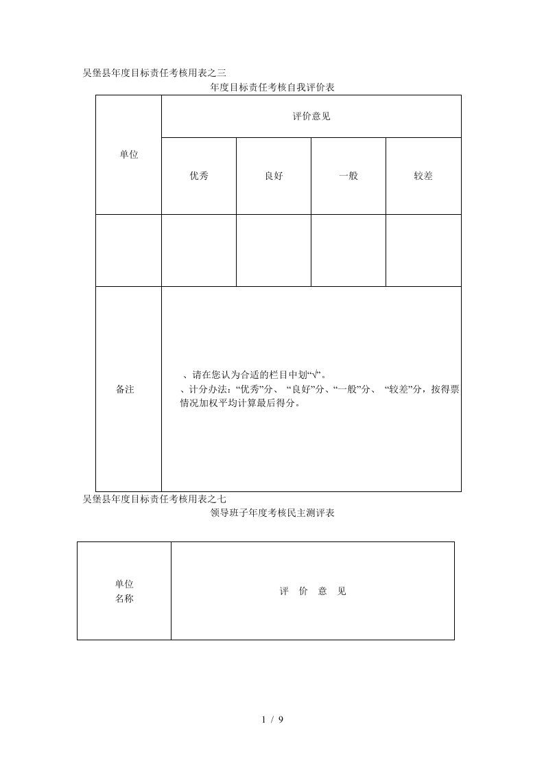 吴堡县度目标责任考核用表之三