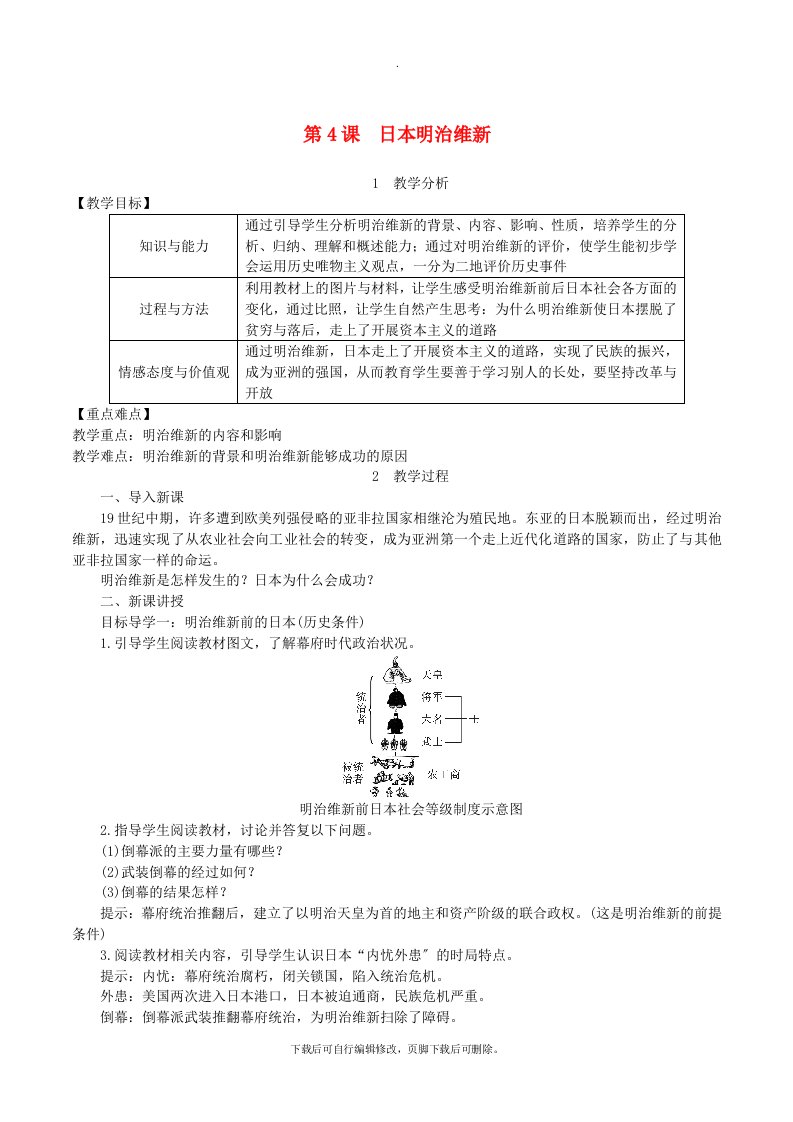 九年级历史下册第一单元殖民地人民的反抗与资本主义制度的扩展第4课日本明治维新教案1新人教版