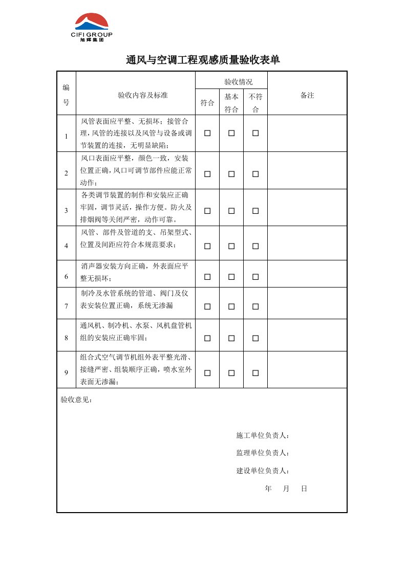 通风与空调工程观感质量验收表