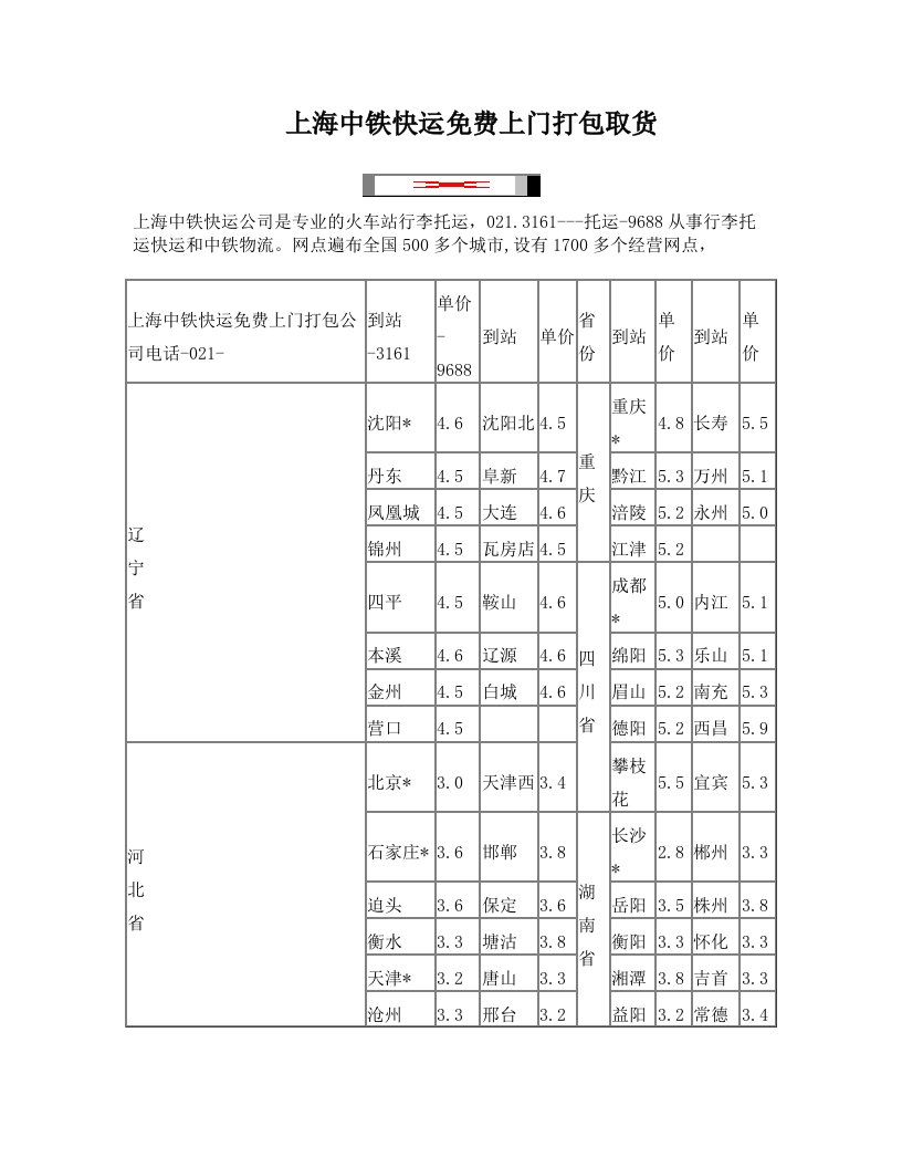 上海中铁快运预定下单=上海行李货物托运价格表