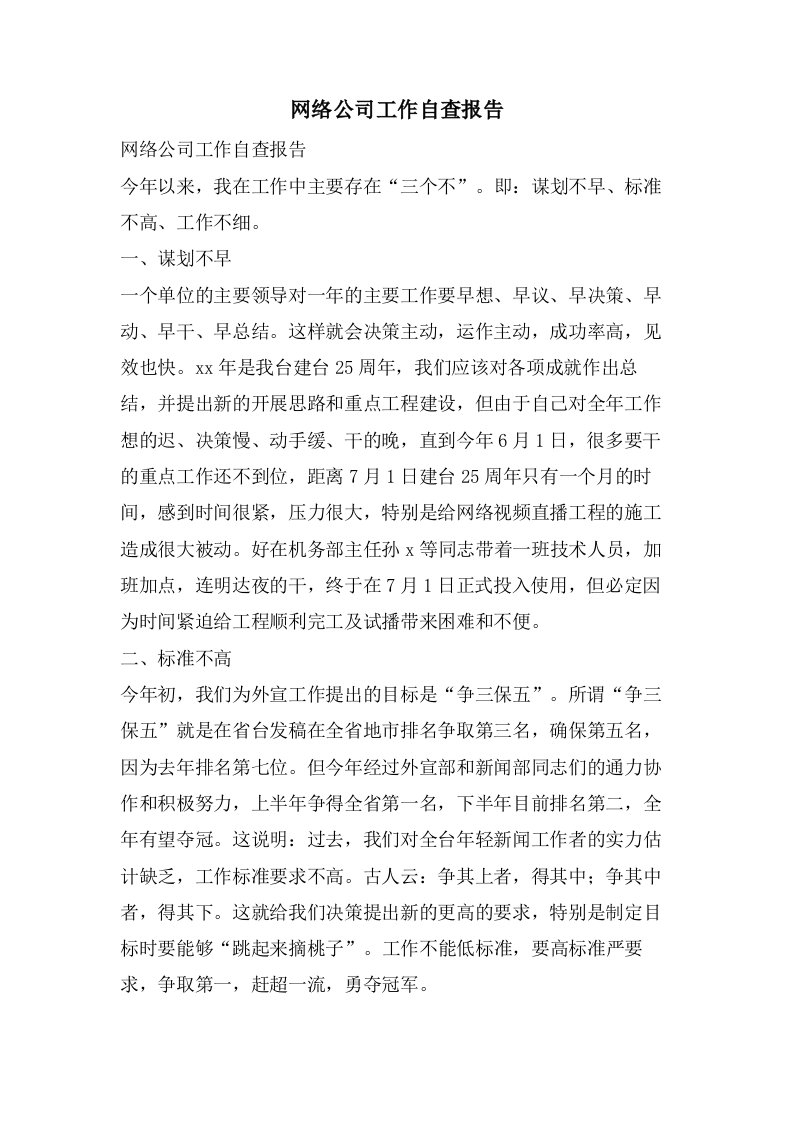 网络公司工作自查报告