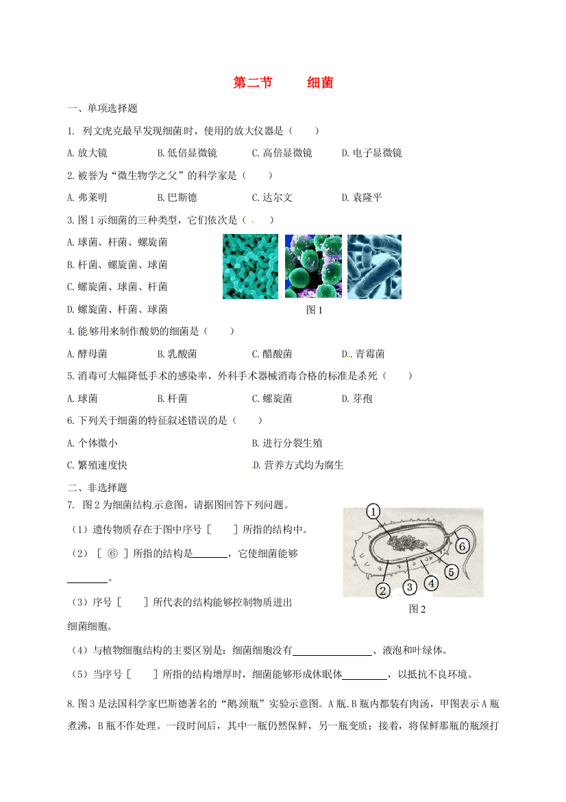 八年级生物上册-542-细菌校本作业-新版新人教版