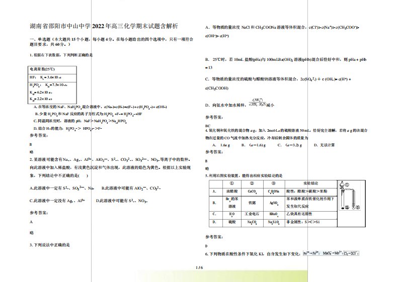 湖南省邵阳市中山中学2024年高三化学期末试题含解析