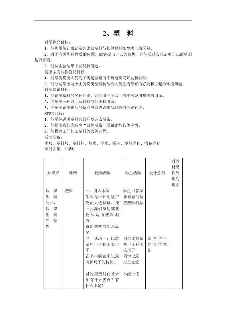 翼教版科学三下《塑