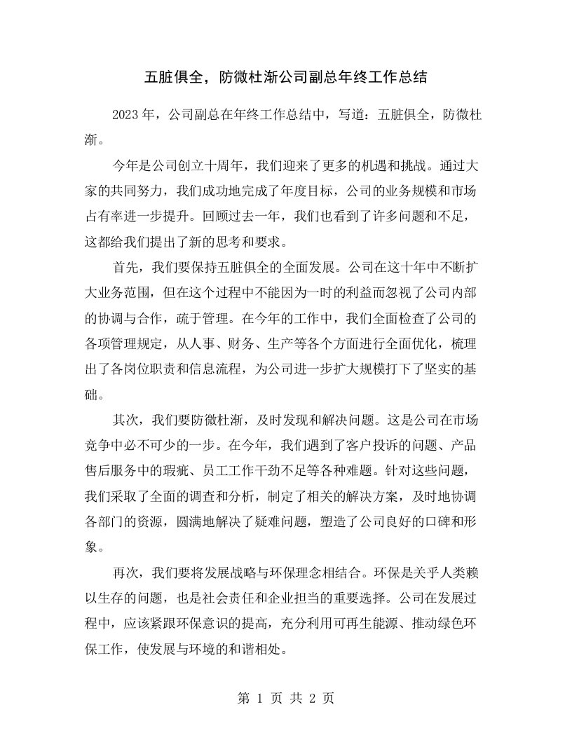 五脏俱全，防微杜渐公司副总年终工作总结