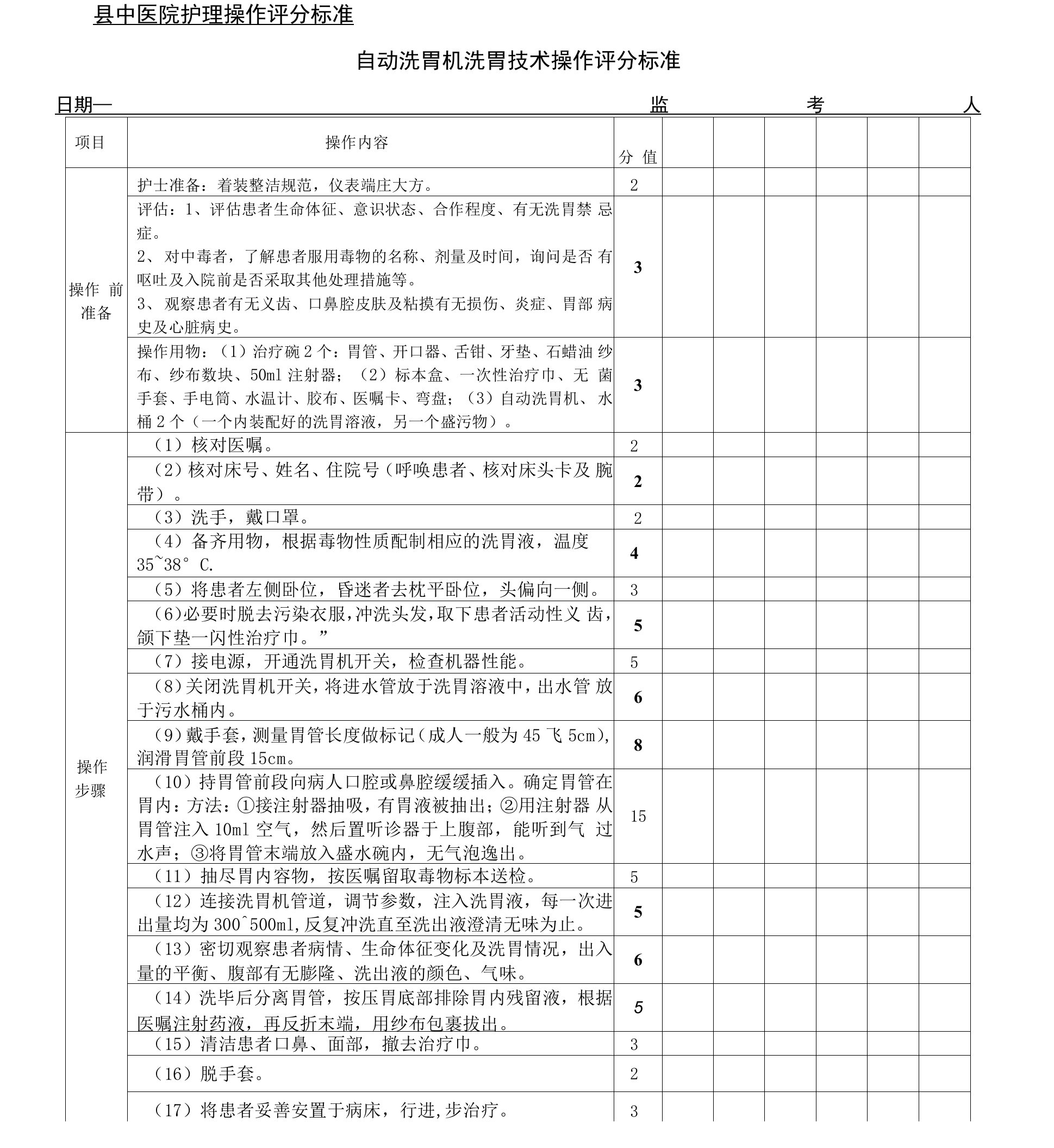 医院自主洗胃机洗胃技术操作评分标准