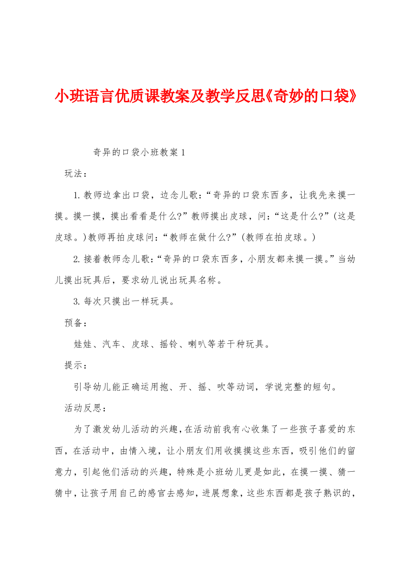 小班语言优质课教案及教学反思奇妙的口袋