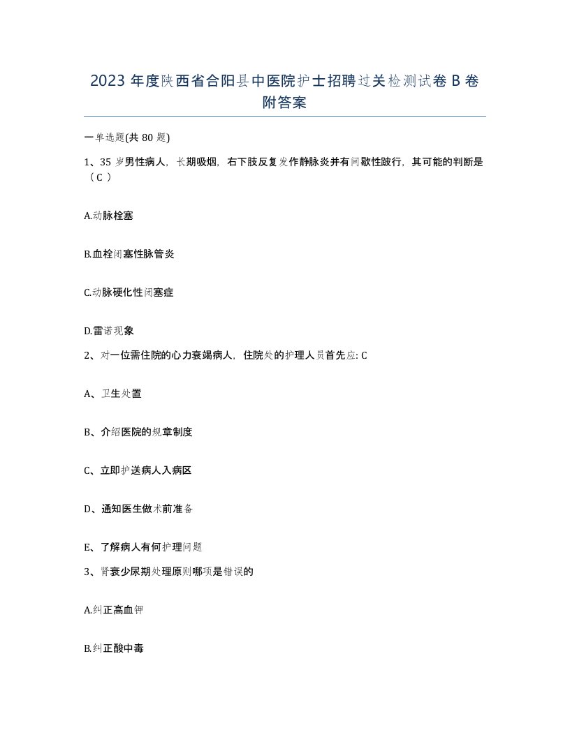 2023年度陕西省合阳县中医院护士招聘过关检测试卷B卷附答案