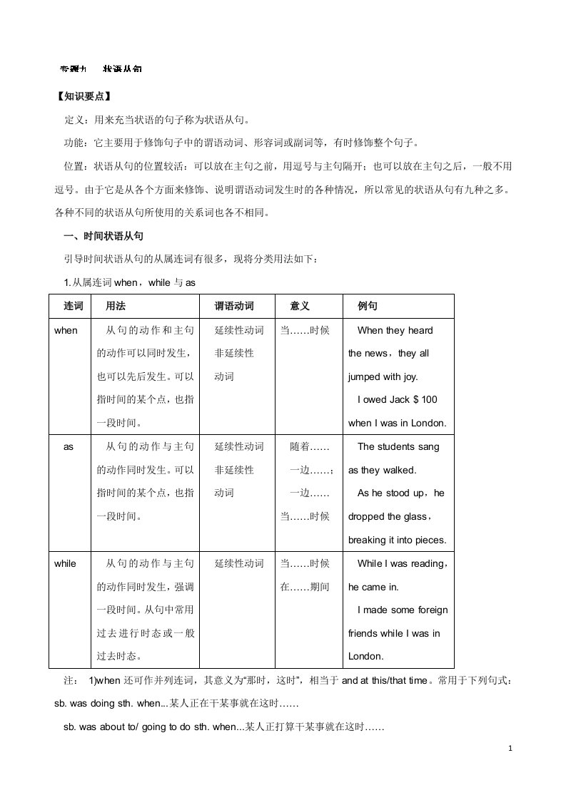 江苏省无锡市高三英语总复习教案(艺考生)：专题九状语从句教师版