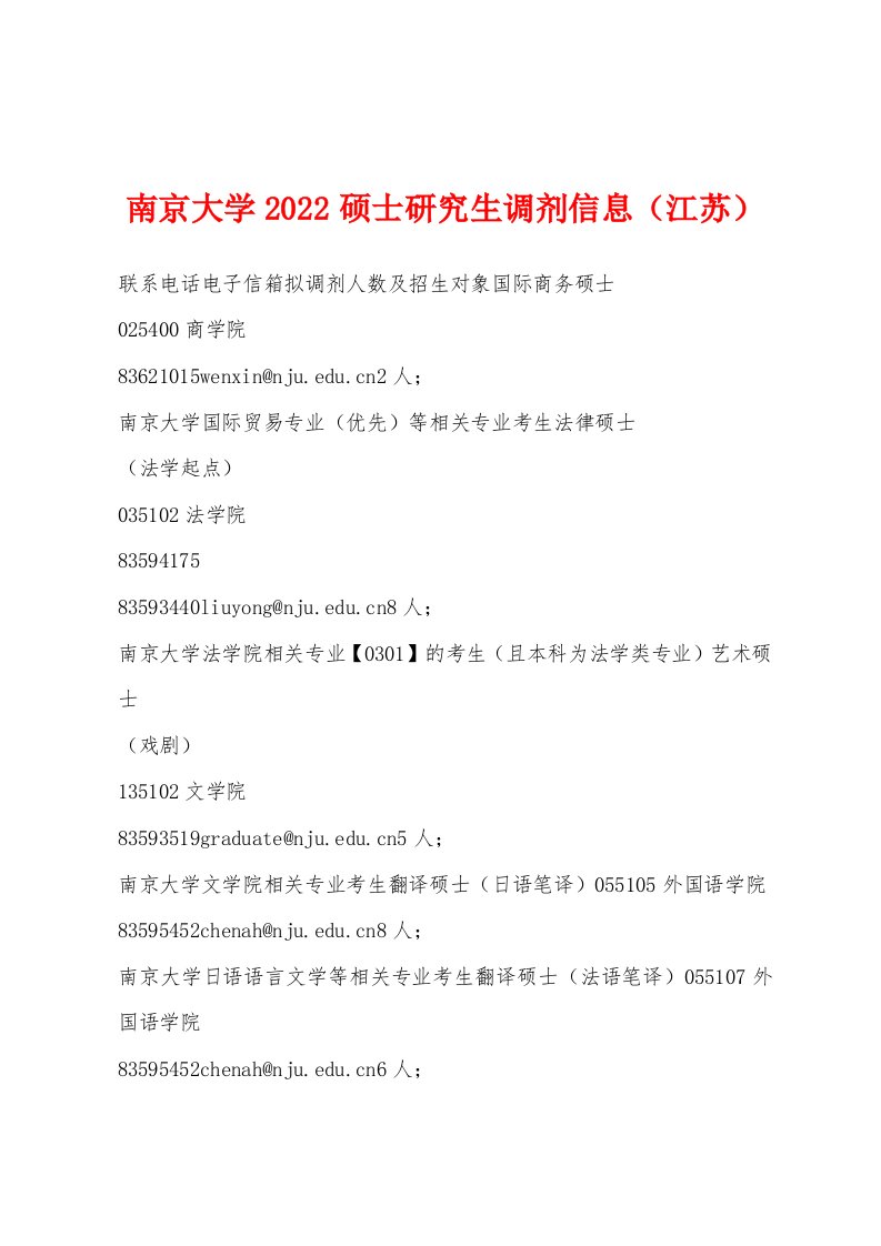 南京大学2022年硕士研究生调剂信息（江苏）