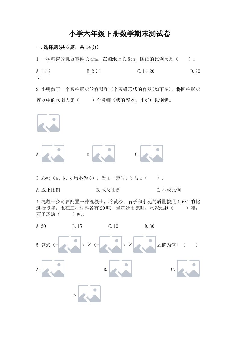 小学六年级下册数学期末测试卷带答案（黄金题型）