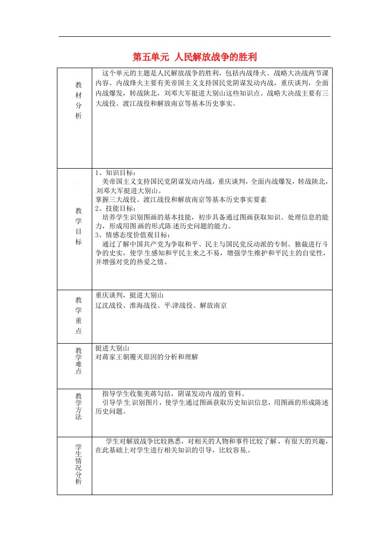 山东省淄博市临淄区第八中学八年级历史上册《第五单元