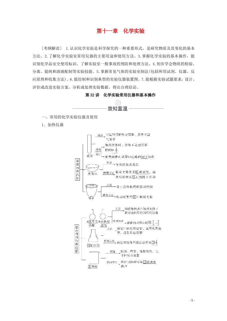 2021届高考化学一轮复习第11章化学实验第32讲化学实验常用仪器和基本操作教学案新人教版