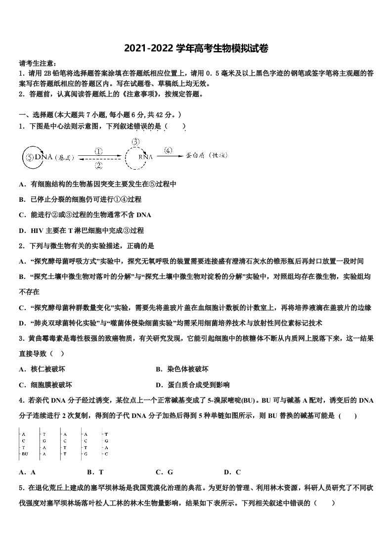 天津市和平区天津耀华中学2022年高三压轴卷生物试卷含解析