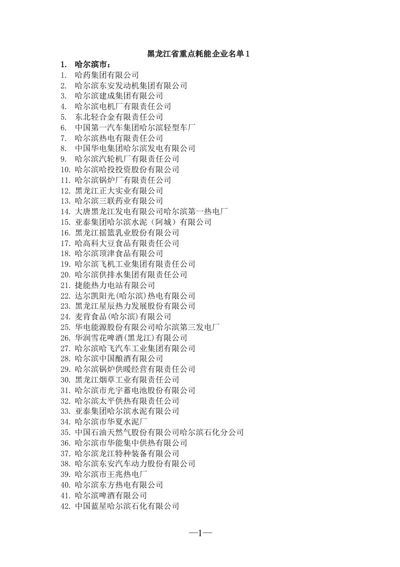 黑龙江省重点耗能企业名单