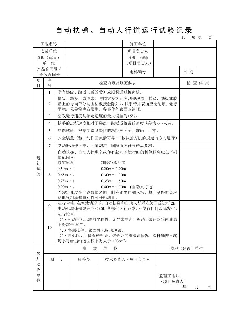 自动扶梯、自动人行道运行试验记录