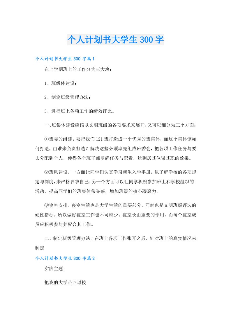 个人计划书大学生300字