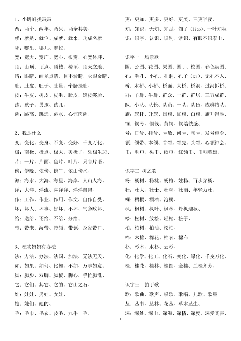 二年级上期写字表生字组词