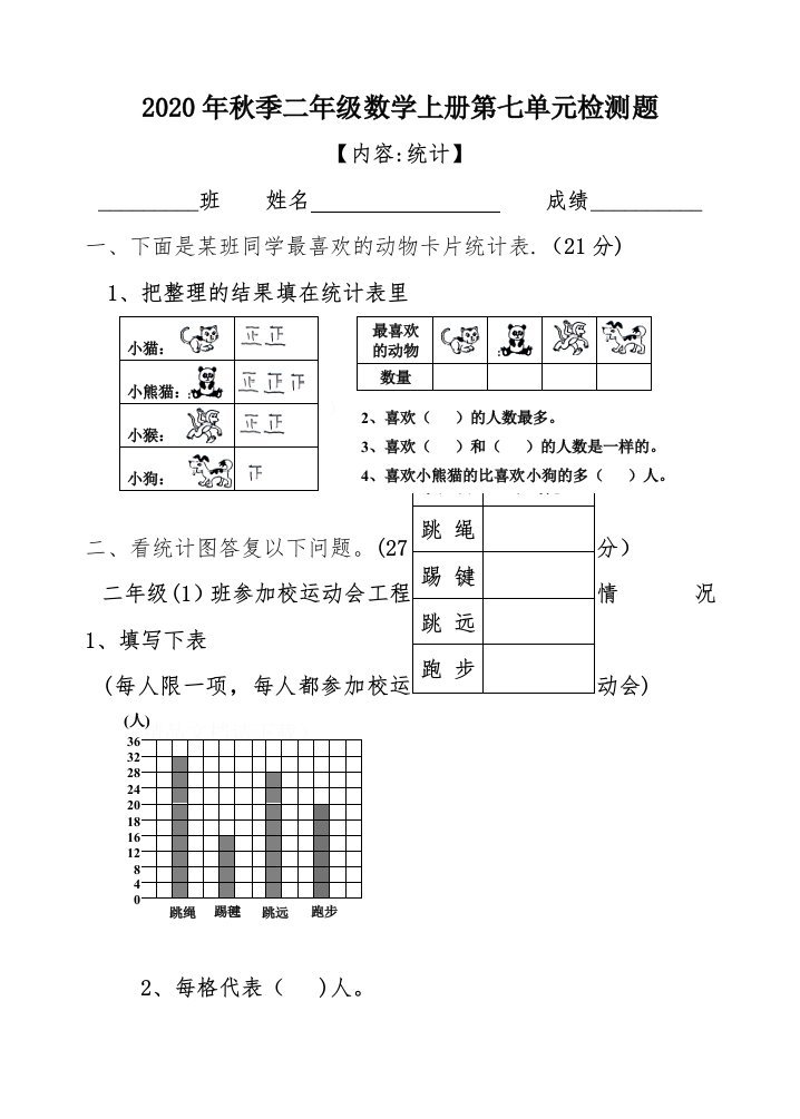 小学二年级数学上册第七单元(统计)试卷(人教版)