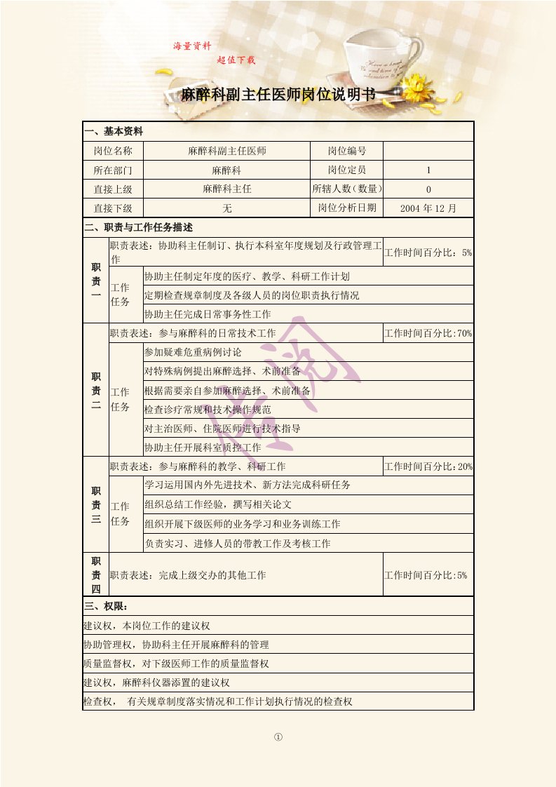 麻醉科副主任医师岗位说明书