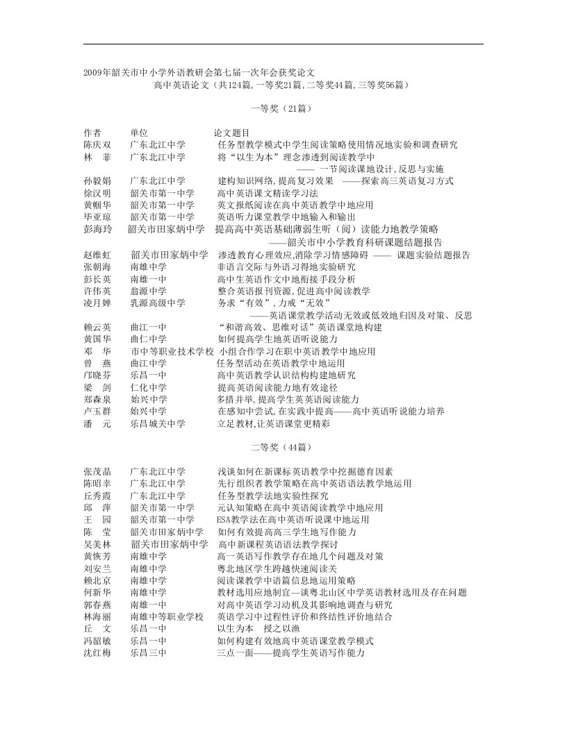 韶关市中小学外语教研会届一次会获奖论文