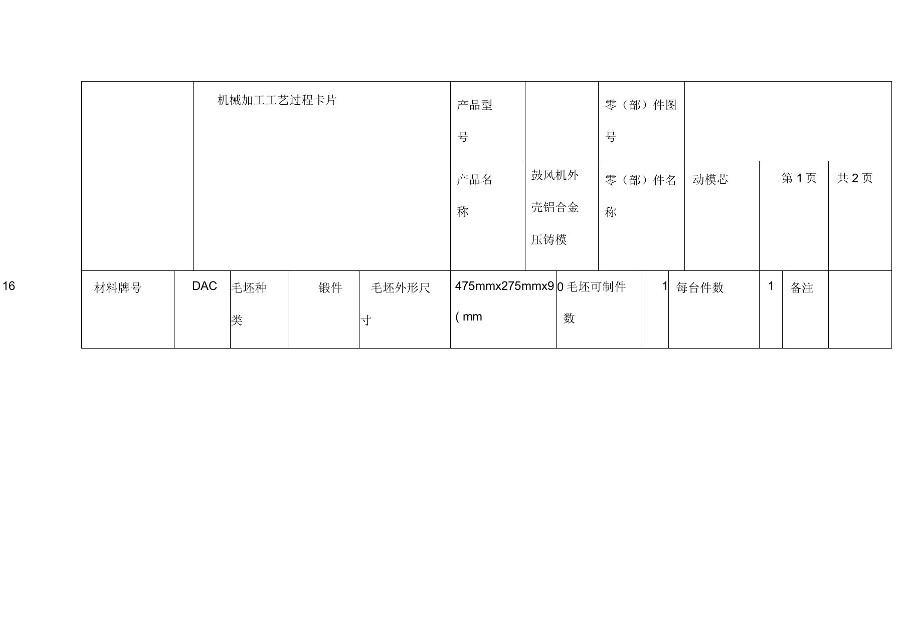 模具零件加工工艺过程卡片