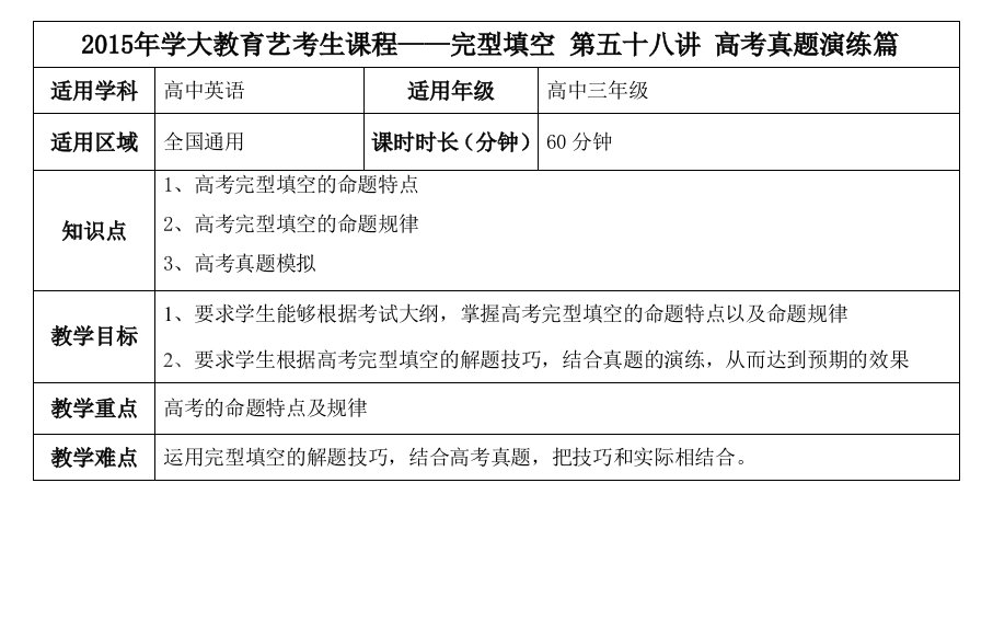 艺考生课程-完型填空第五十八讲高考真题演练篇