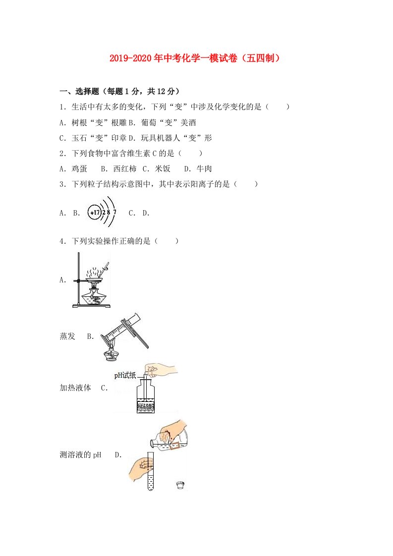 2019-2020年中考化学一模试卷（五四制）