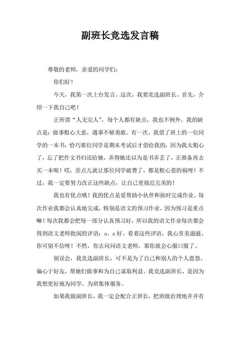 副班长竞选发言稿