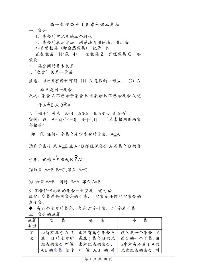 高一数学必修一各章知识点总结技巧解答