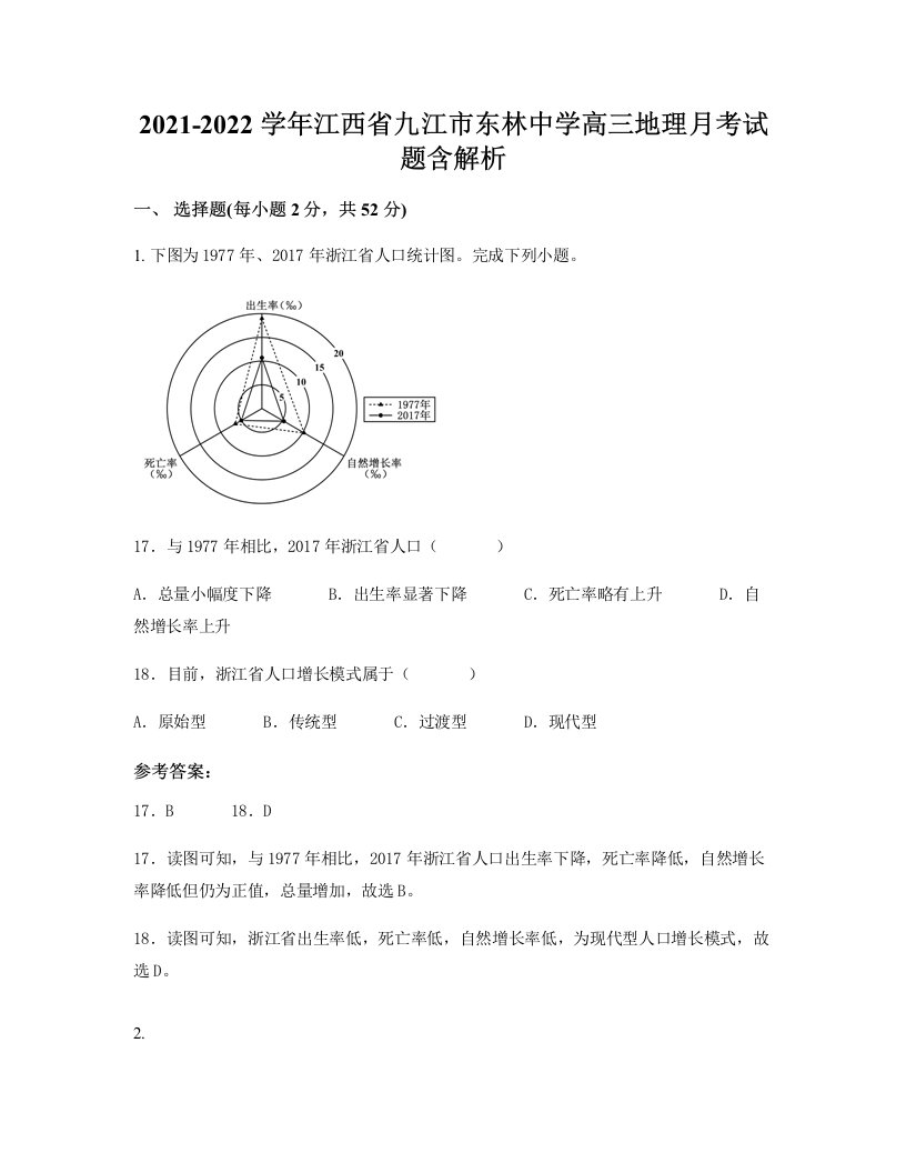 2021-2022学年江西省九江市东林中学高三地理月考试题含解析