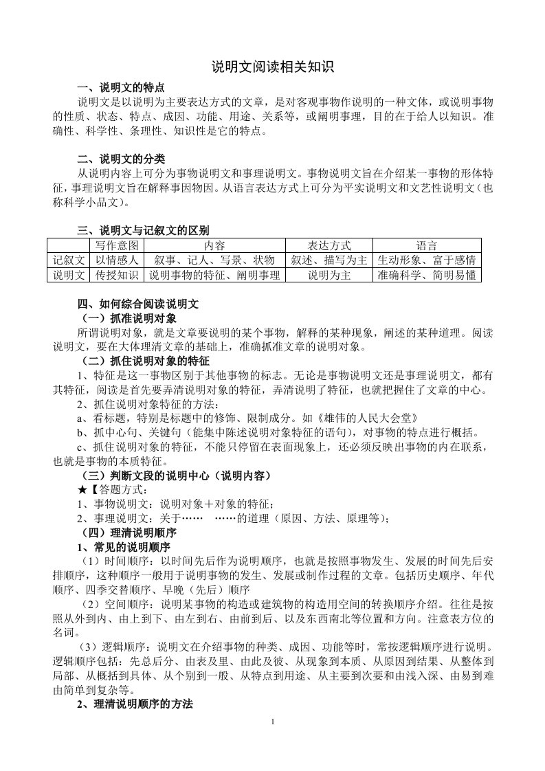 说明文阅读相关知识