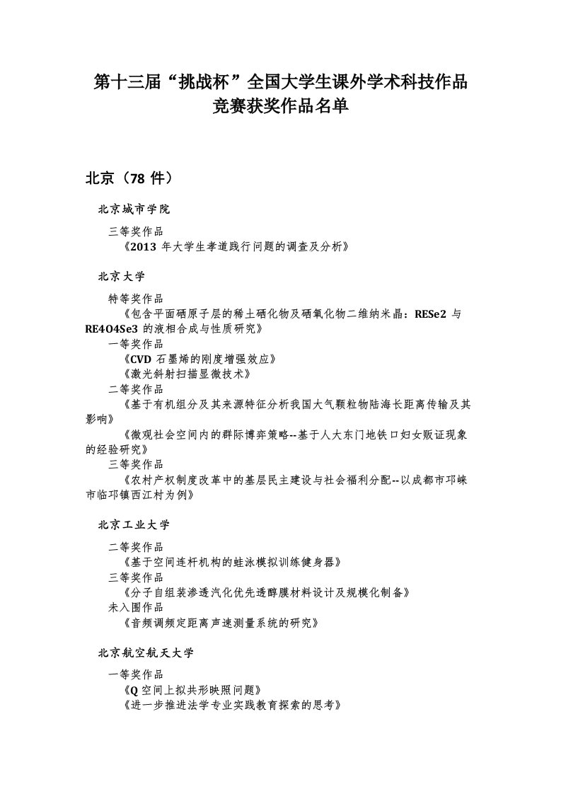 第十三届挑战杯全国大学生课外学术科技作品竞赛获奖作