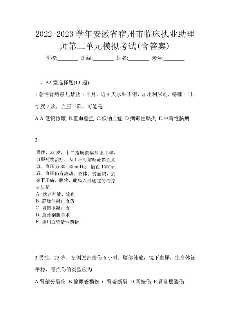 2022-2023学年安徽省宿州市临床执业助理师第二单元模拟考试含答案