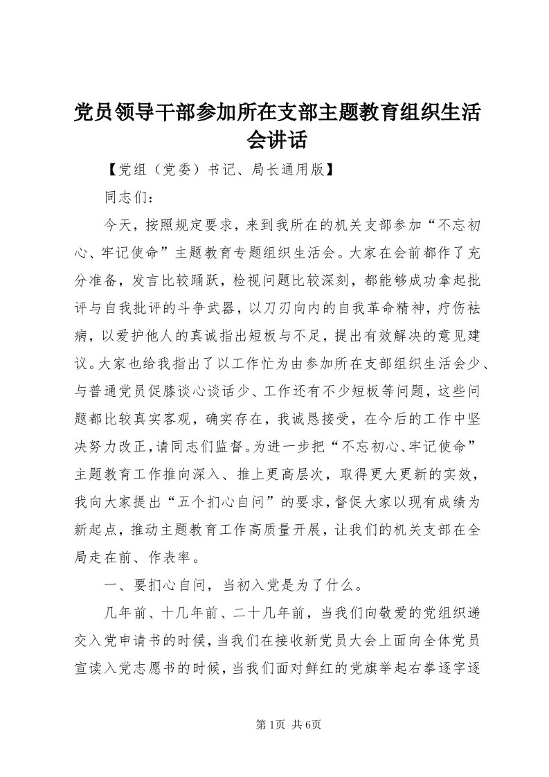 党员领导干部参加所在支部主题教育组织生活会致辞