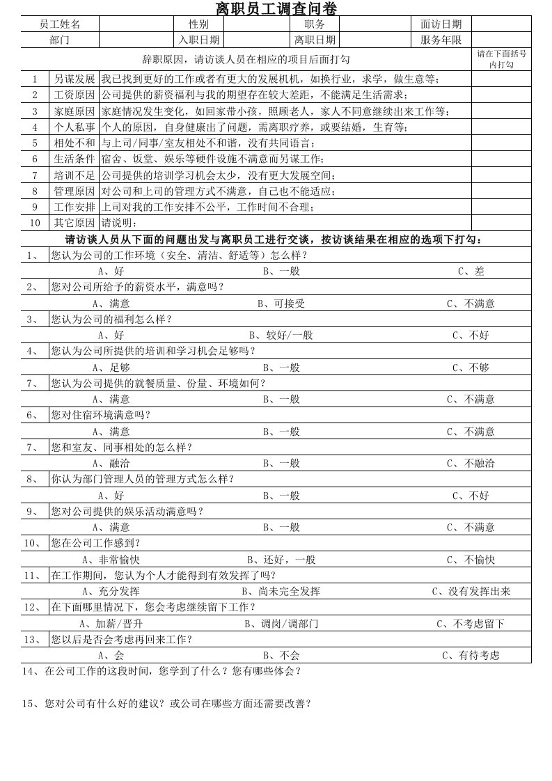 企业管理-53_离职面谈表和原因分析