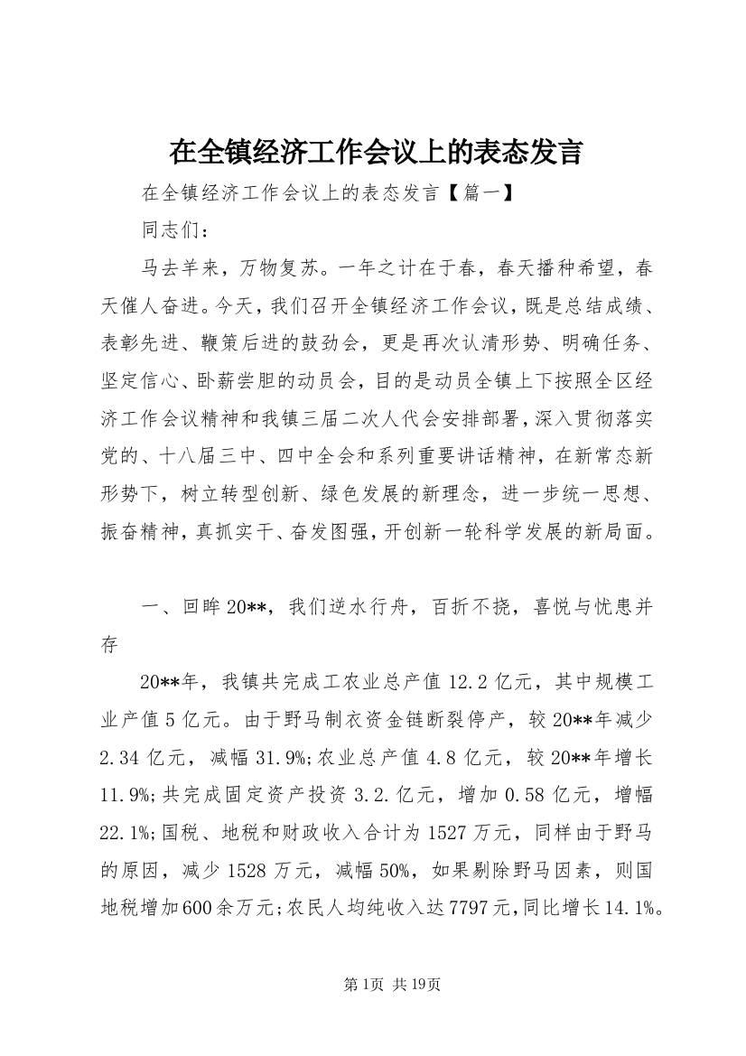 在全镇经济工作会议上的表态发言