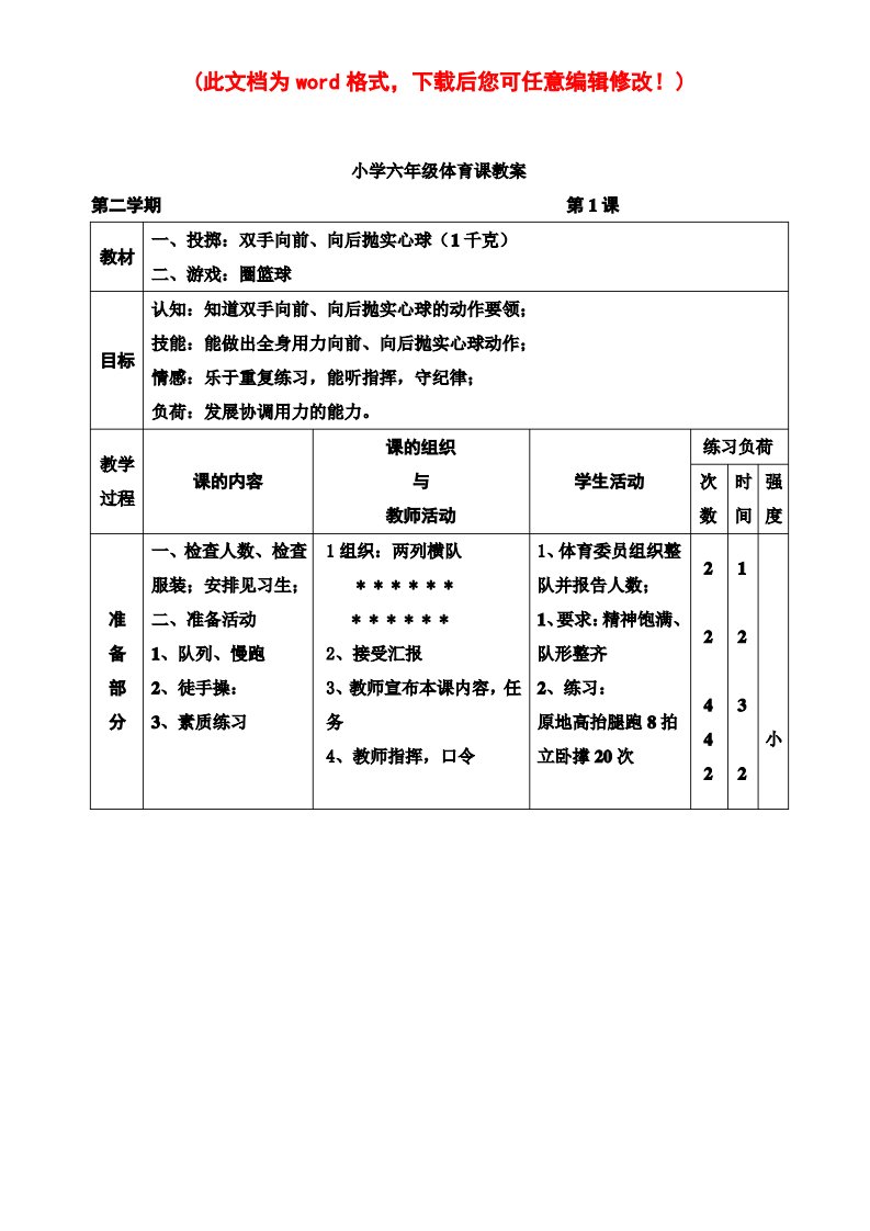 【精品】小学六年级体育课教案一