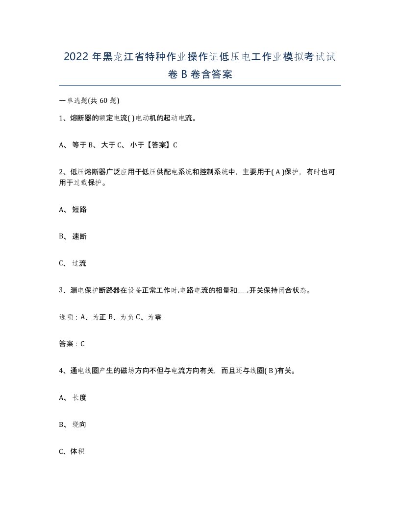 2022年黑龙江省特种作业操作证低压电工作业模拟考试试卷B卷含答案