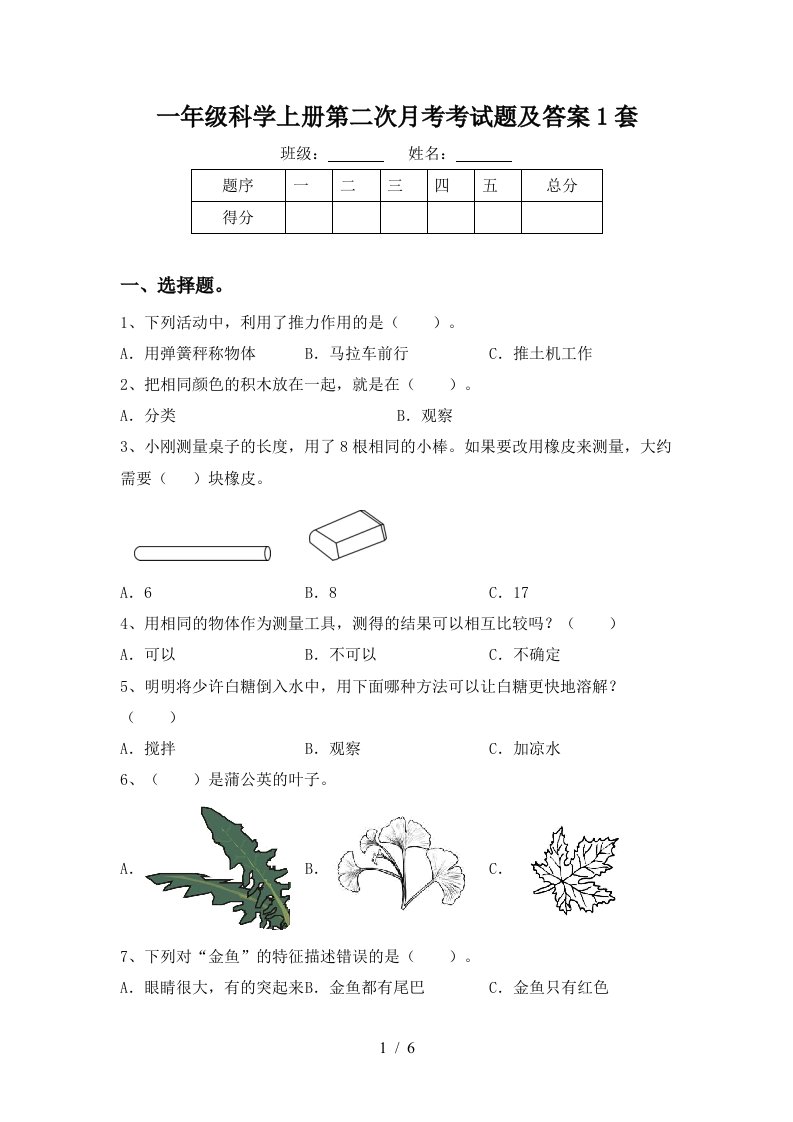 一年级科学上册第二次月考考试题及答案1套