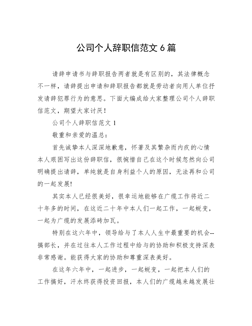 公司个人辞职信范文6篇