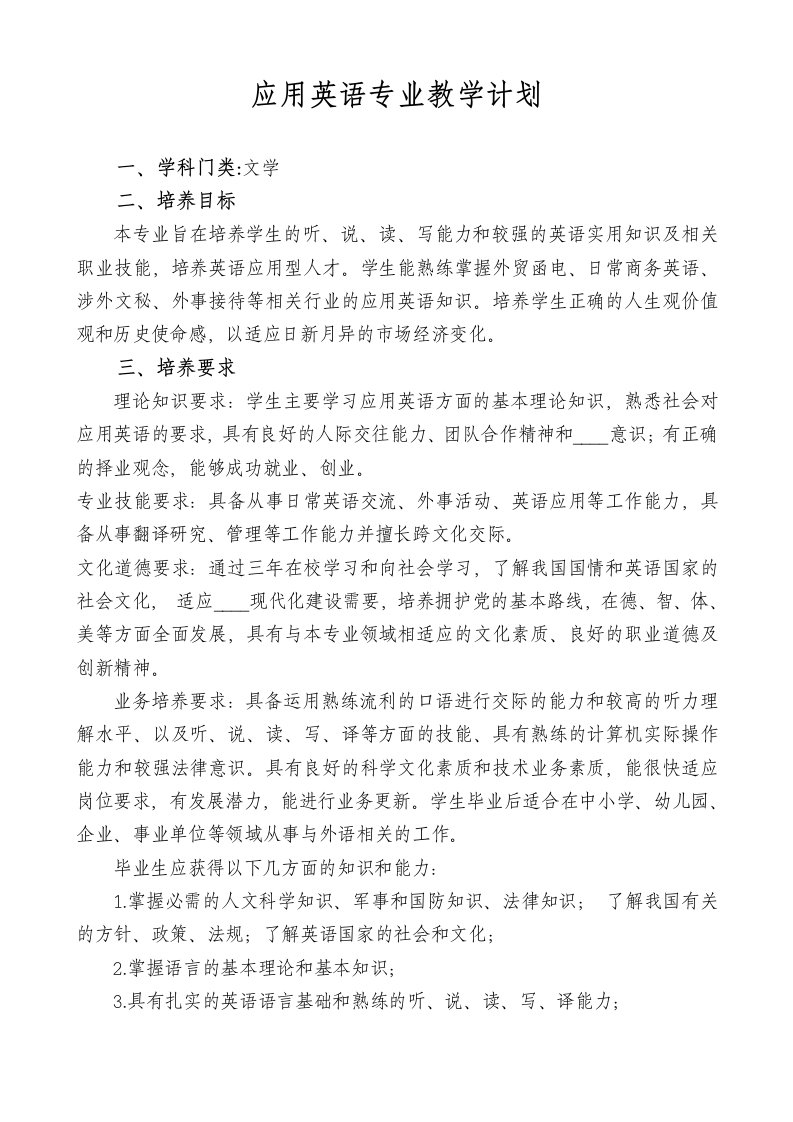 应用英语专业教学计划