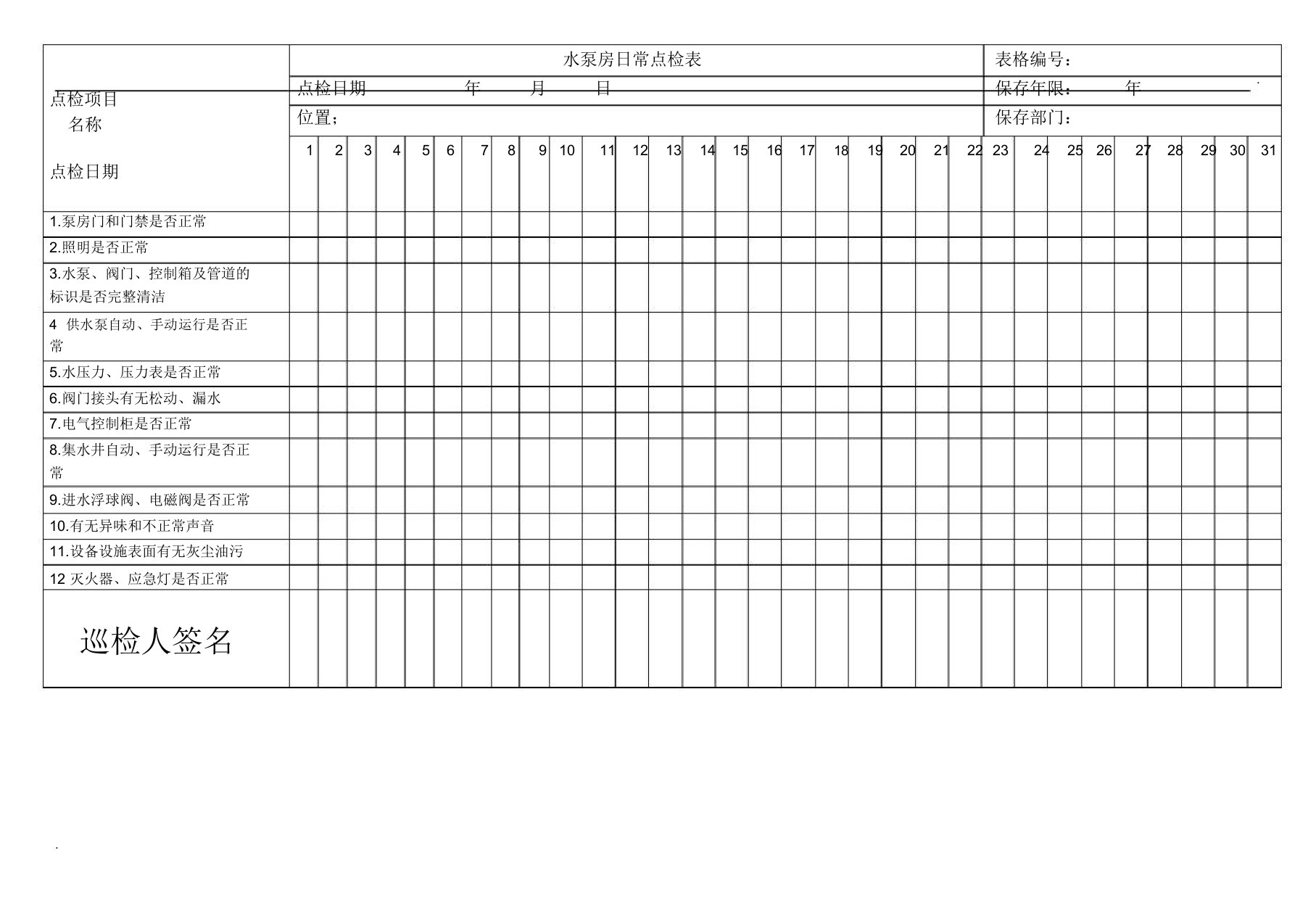 水泵房日常点检表