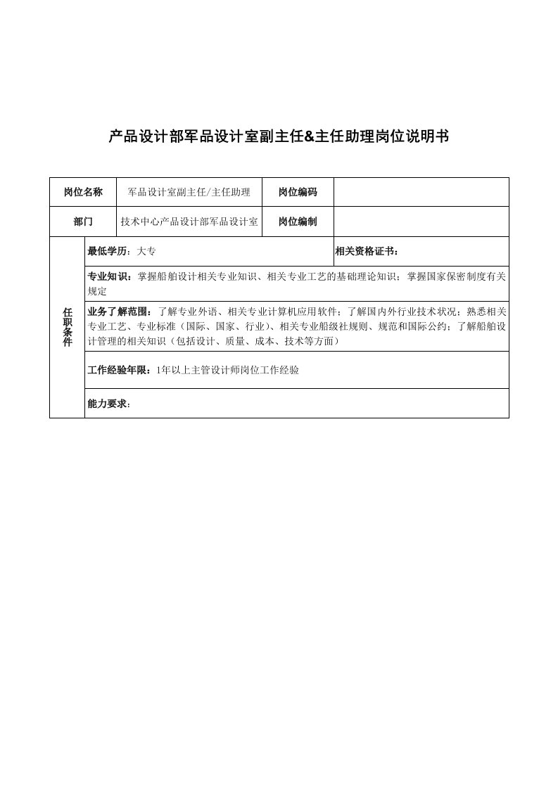 广船国际产品设计部军品设计室副主任&主任助理岗位说明书