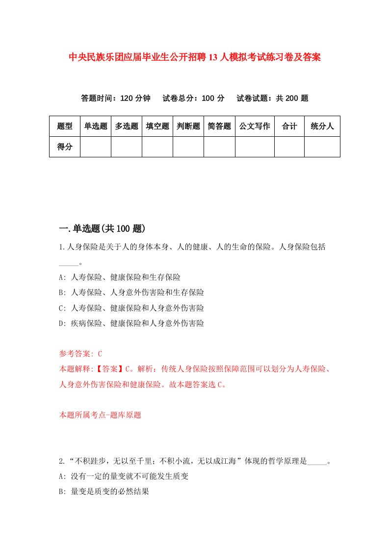 中央民族乐团应届毕业生公开招聘13人模拟考试练习卷及答案5