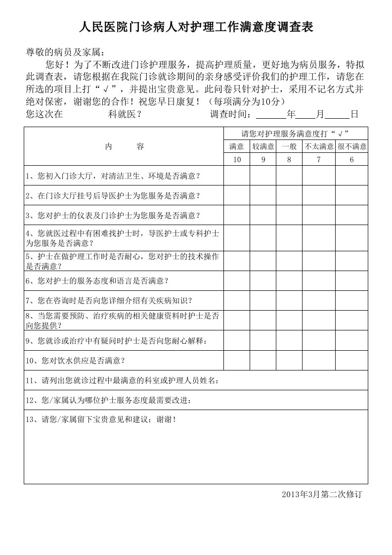 人民医院门诊病人对护理工作满意度调查表