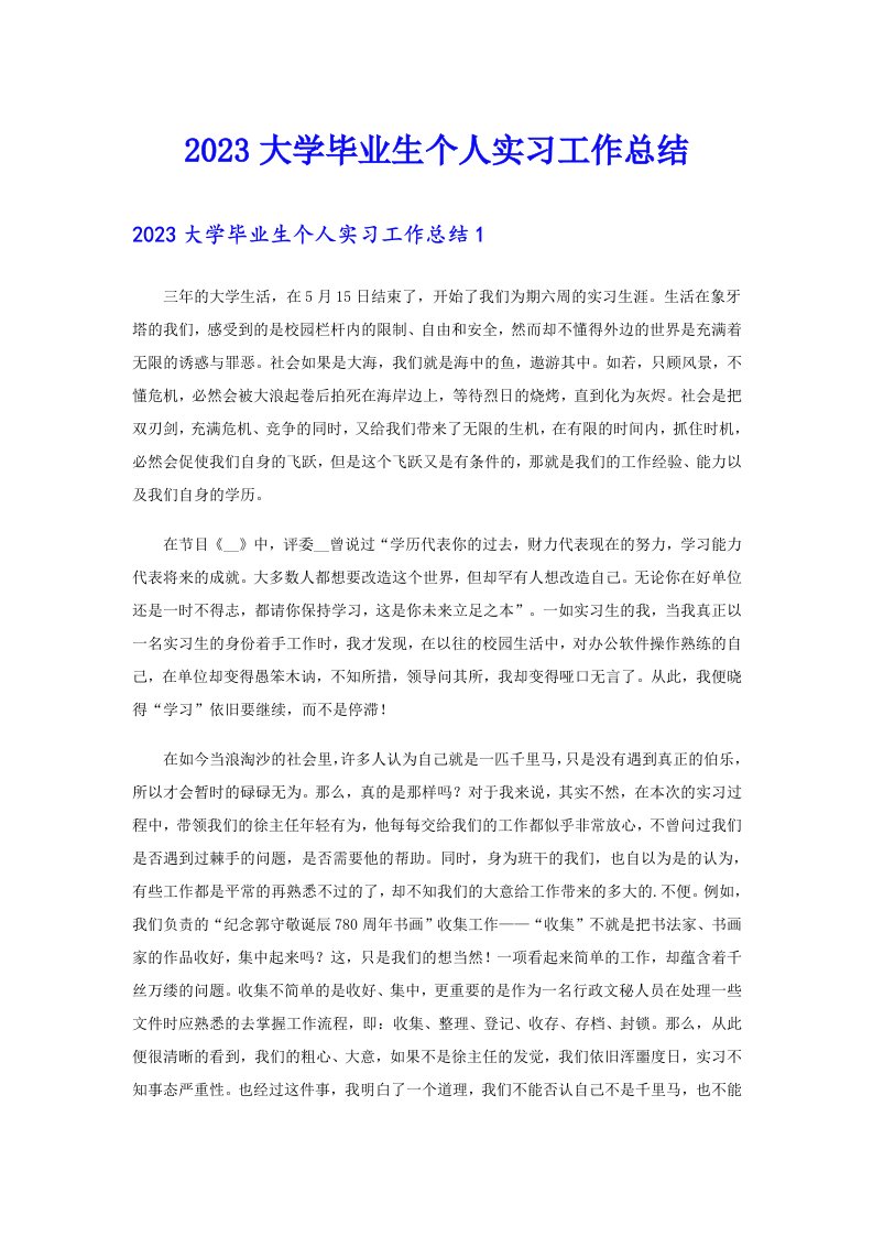 2023大学毕业生个人实习工作总结